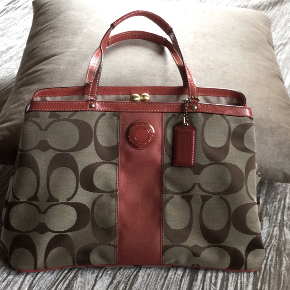 COACH handbag tan, brown canvas with tangerine leather accents